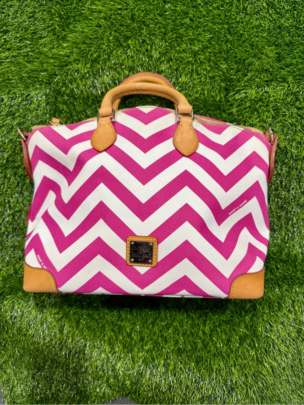 Dooney & Bourke Chevron Stripe Pink & White Brown Leather Handles Purse Tote